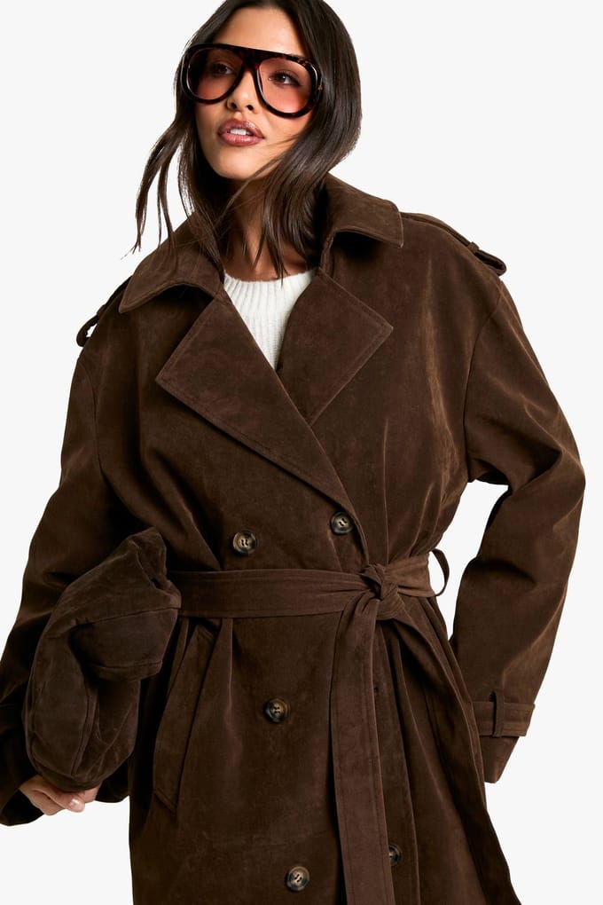 boohoo Dames Vintage suede-look trenchcoat | Chocoladebruin | Maat: 36