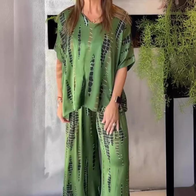 Dames Lange Mouwen Bloemenprint Vakantie Losse Pakset 2XL groen