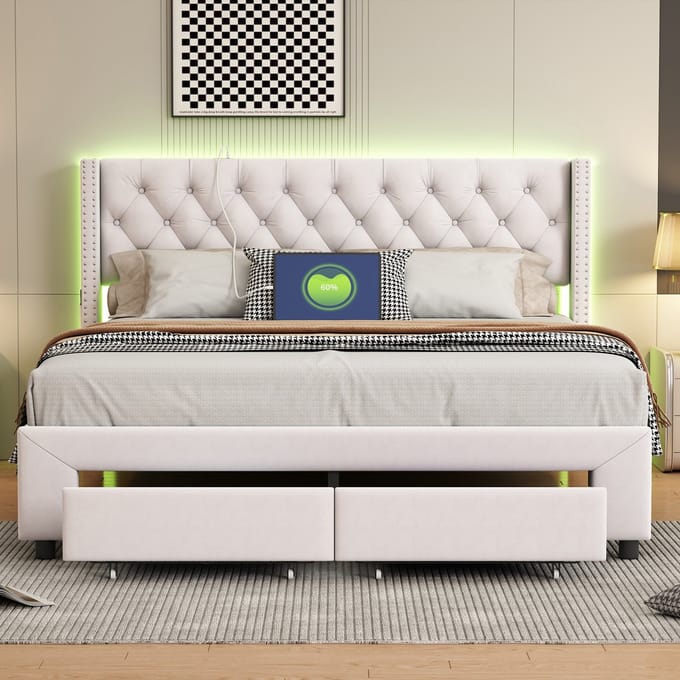 Tweepersoonsbed 140x190 cm grijs fluweel met studs, LED-hoofdbord en USB-oplaadfunctie