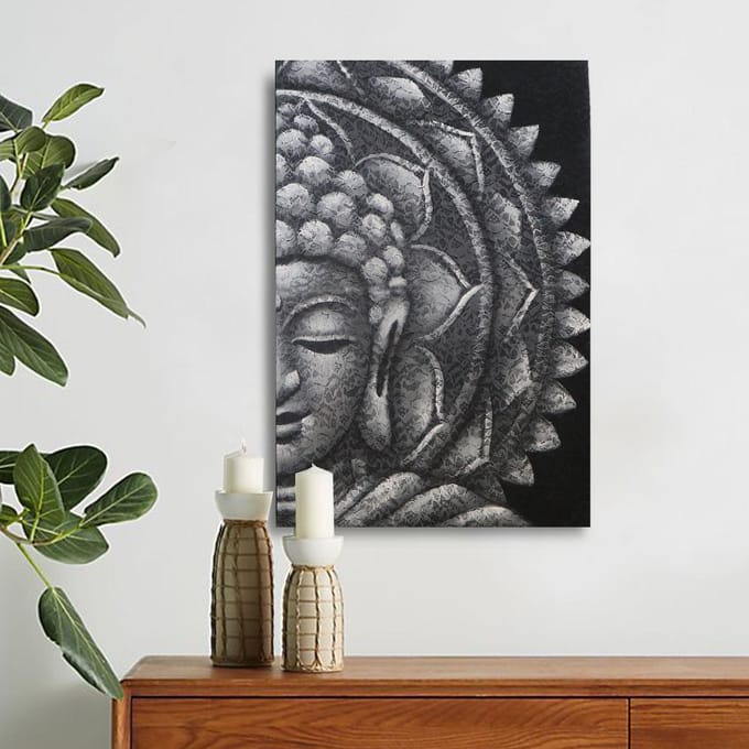 Grijze halve Boeddha Mandala 60x80cm
