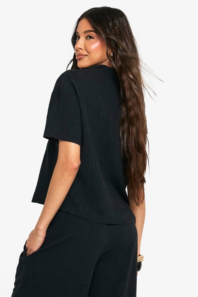 boohoo Dames Premium Linnen Kort mouwoverhemd | Black | Maat: 6