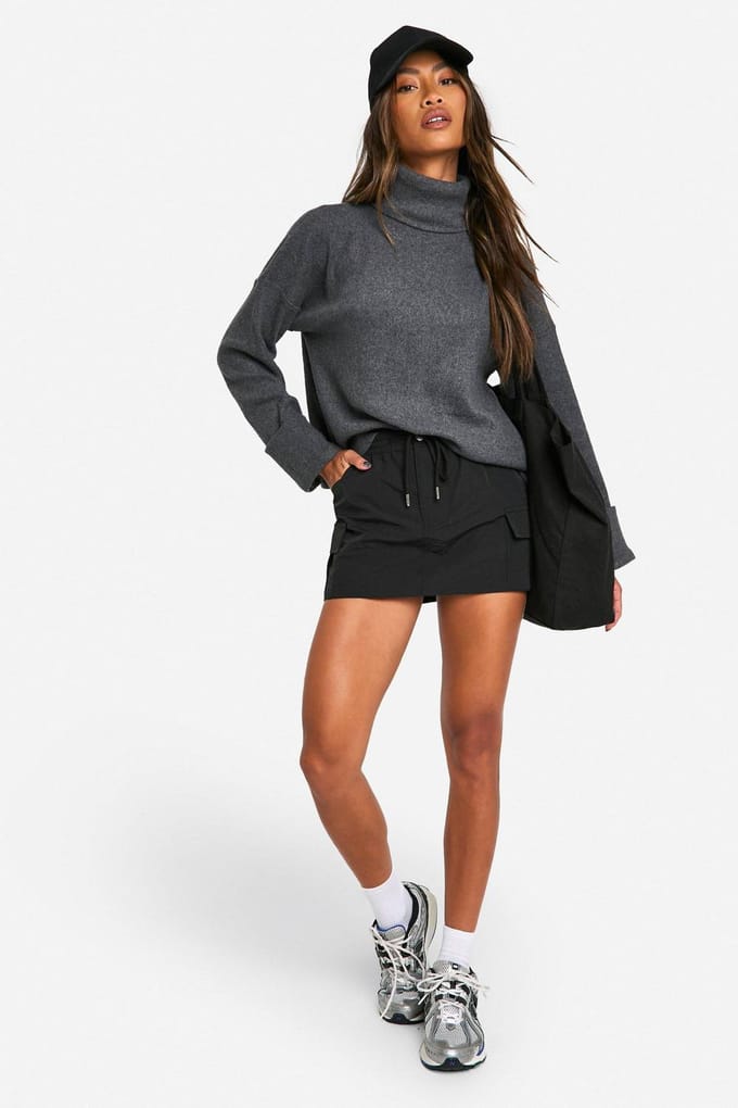 boohoo Dames Geborsteld rib oversized top met wijde mouwen | Charcoal | Maat: 12