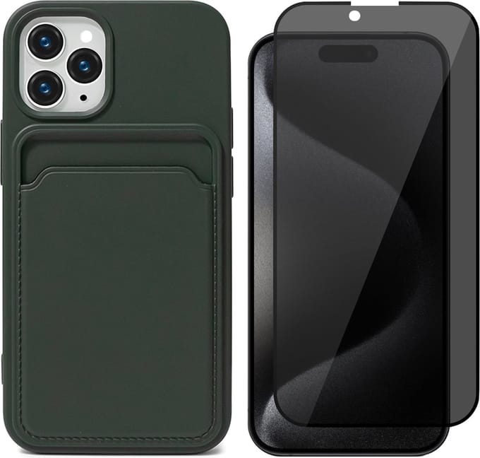 Hoesje Pasjeshouder geschikt voor iPhone 15 Pro - Privacy Screenprotector FullGuard - Siliconen Case Back Cover Groen & Screen Protector