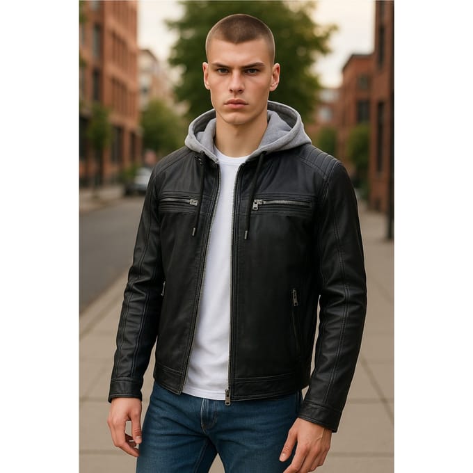 Heren blauwe capuchon biker lamsleren jas - Kingston