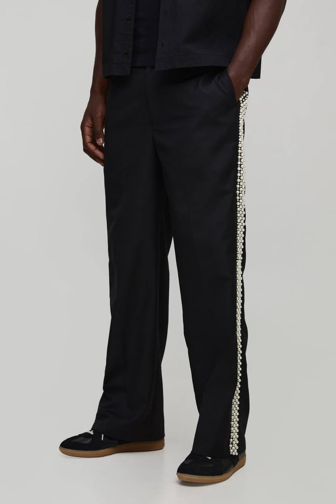 Broek met parelversiering, half- en half taille, geplooide voorkant en wijde pijpen | Black | Size Medium