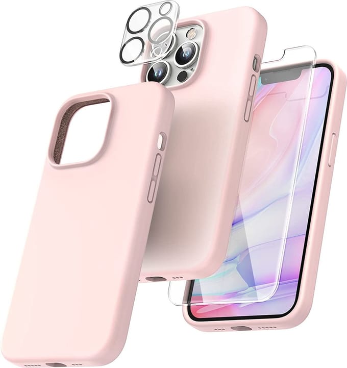 Hoesje Geschikt voor iPhone 14 Plus – Liquid siliconen backcover met 2x glazen screenprotector en camera lens protector – Licht Roze