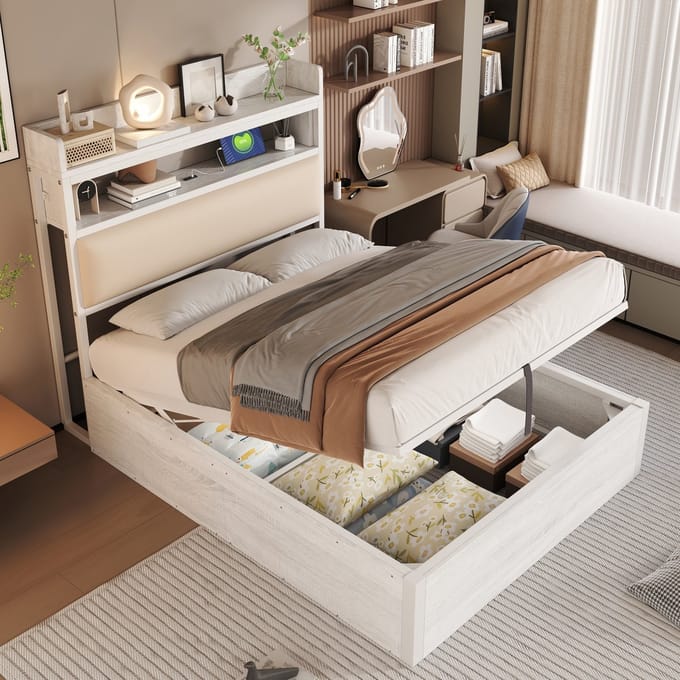 MODFU Bedframe – 90x200 cm – Met opbergruimte & USB – Retro – Metaal/hout – Wit