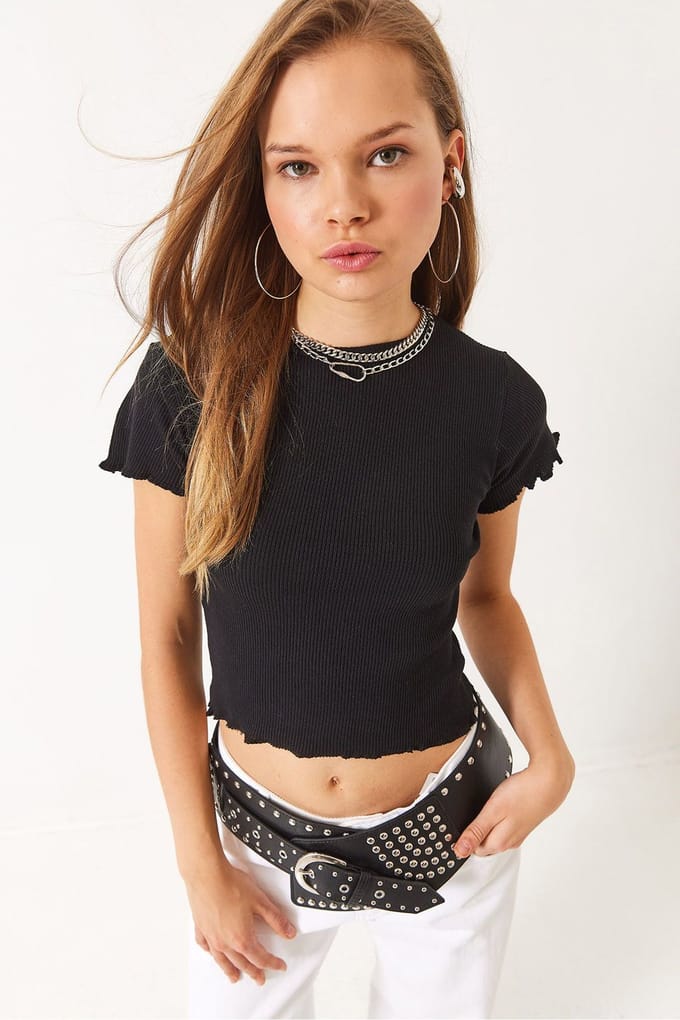 Geribbelde Crew Neck Crop T-Shirt met Latticedetail