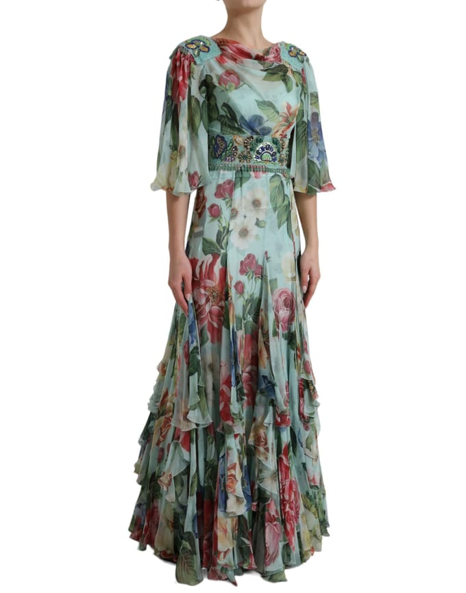 Floralprint Zijde Chiffon Lange Jurk