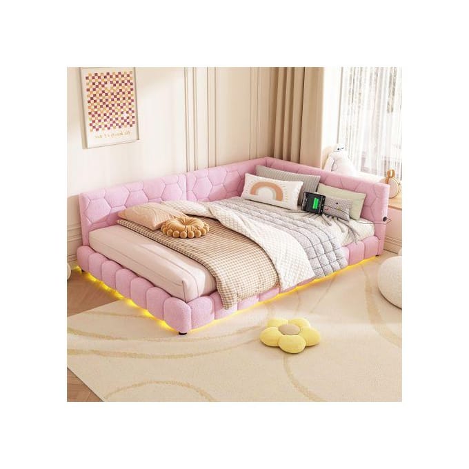 Canapé-lit - MUVOE - 140x200 cm - Laine rose - LED d'ambiance - Chargeur USB rose