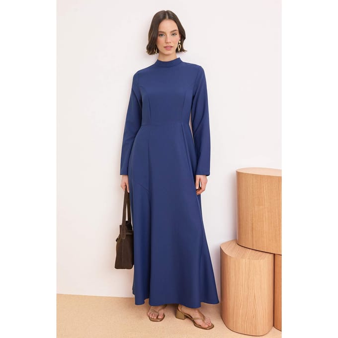 Marineblauwe platte maxi-jurk voor dames met hijab