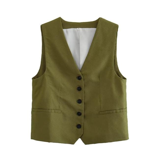 Willshela Damesmode Solid Single Breasted Vest Vintage V-hals Mouwloos Vrouwelijke Chic Lady Tank Tops L