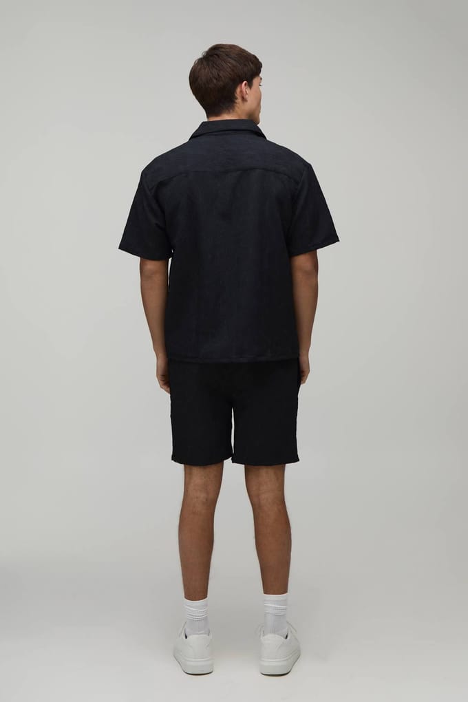 Palm Crinkle Oversized Shirt & Relaxed Short Set | Black | Size Medium