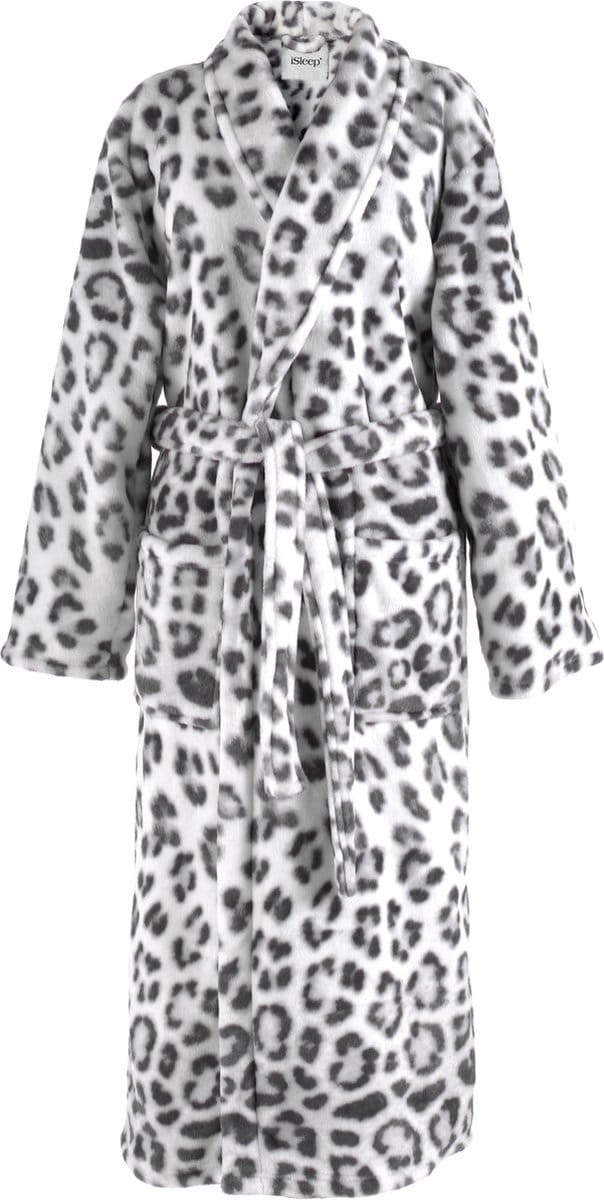 iSleep Badjas - Sneeuwluipaard Print - Zachte Fleece - Lang Model - Maat L - Grijs