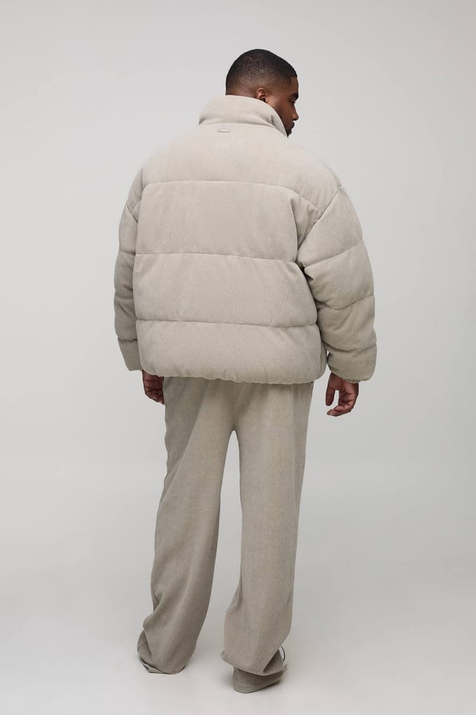Plus Regular Fit Textured Faux Suede Funnel Neck Puffer Jacket | Grey | Size 2XL