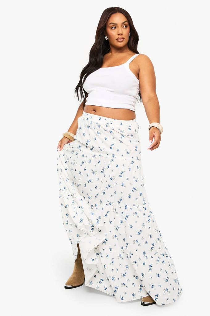 boohoo Dames Plus Floral Poplin Gelaagde Maxi-rok | Wit | Maat: 48