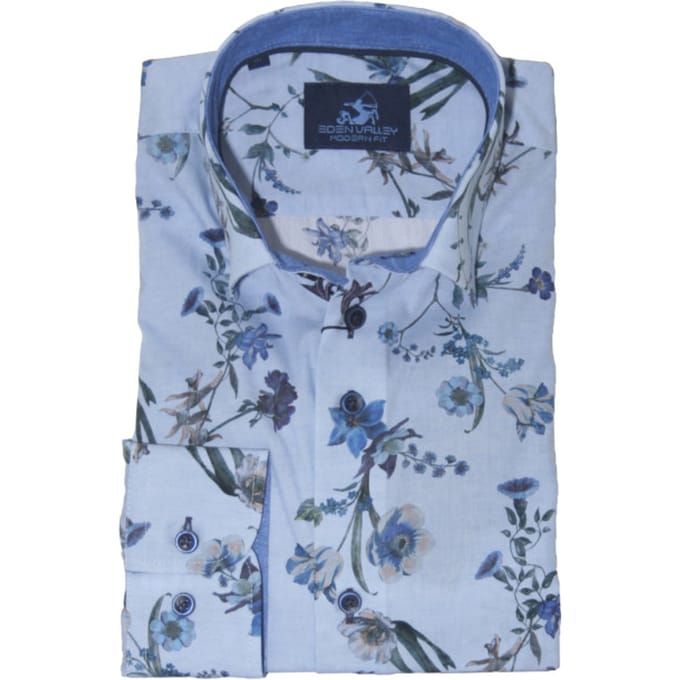 Eden Valley - Lange mouw overhemd - Mannen - L - Blauw - Katoen - 216065-Modern fit