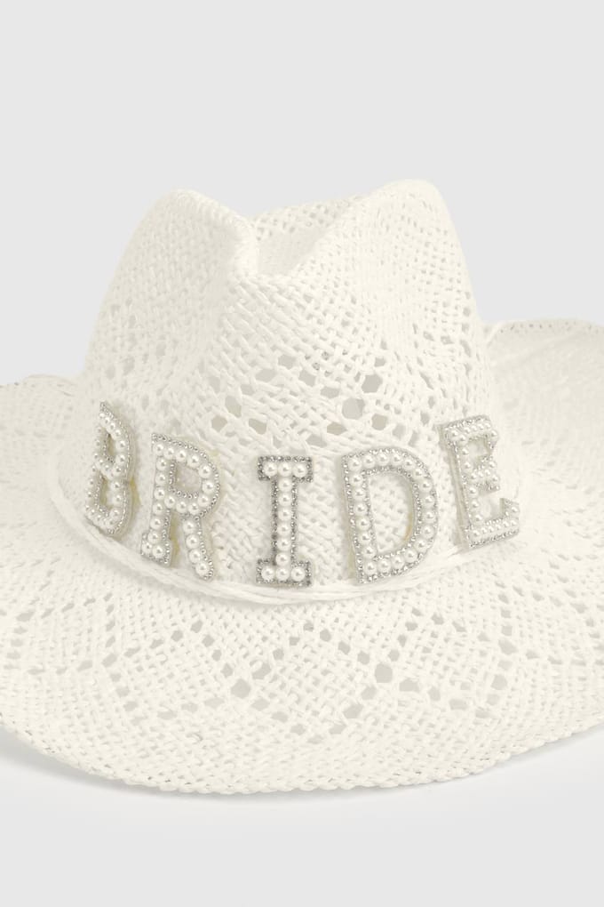 boohoo Dames Kralenversierde Bruid Strohoed Western Cowboyhoed | Wit