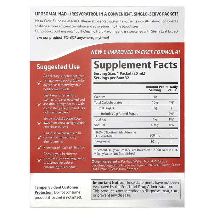 Nad+/Resvératrol Liposomal, 32 Sachets, 20 ml (0,68 fl oz) Chaque