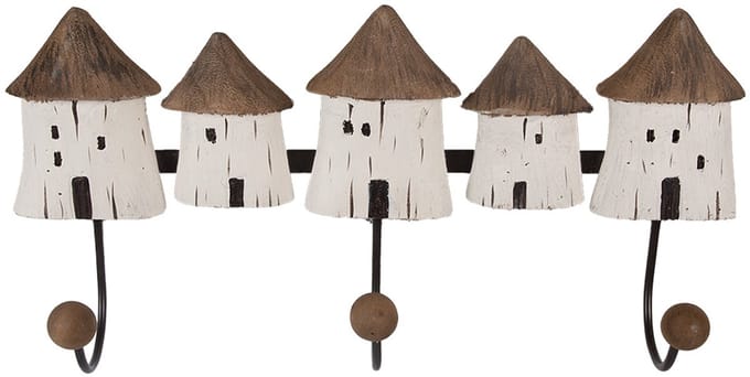 Clayre & Eef Wandkapstok 38x8x19 cm Wit Bruin Hout Huizen