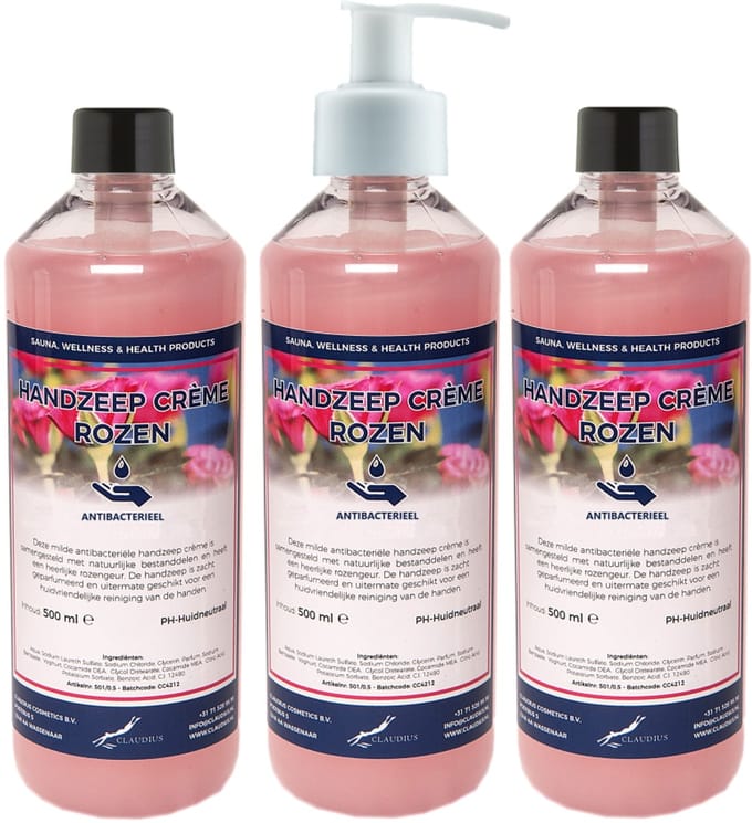 Handzeep Crème Rozen 500 ml - set van 3 stuks - met gratis pomp - Voordeelverpakking