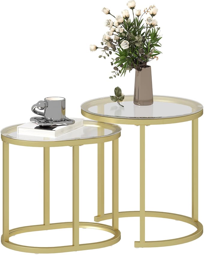 HOMCOM - Salontafel-Set - Set van 2 - Staal - Gehard glas - Goud