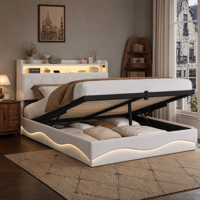 Opbergbed 160x200 cm beige fluweel met LED, USB en hydraulische opslag