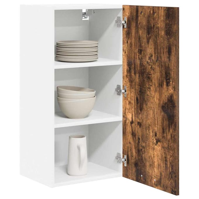 vidaXL - Hangkast - Gerookte - Eik - en - Wit - 40 - x - 31 - x - 80 - cm - Bewerkt - hout