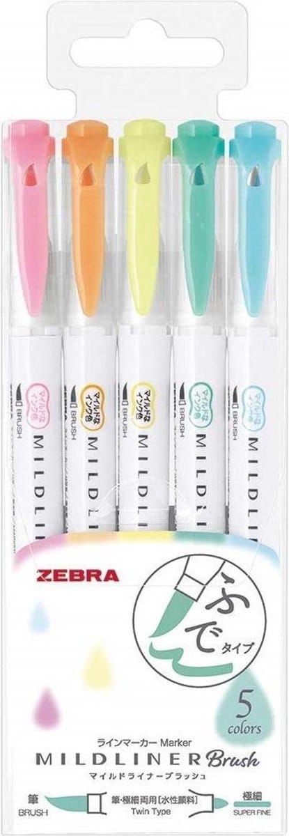 Zebra Mildliner Brush : Mild en Fluoriserend 5 stuks