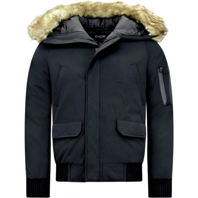 Heren Winterjassen - Gewatteerde Jassen - Korte Heren Winterjas - Met Faux Bontkraag - 8821 - Zwarte Jas