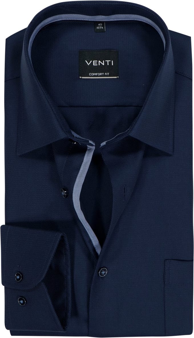 VENTI CASA MODA comfort fit overhemd - structuur - donkerblauw - Strijkvrij - Boordmaat: 46