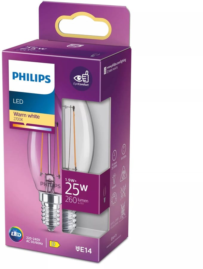 Philips LED lamp - Kaarslamp met E14 fitting - Warmwit licht: 2700K - 25W - Helder glas