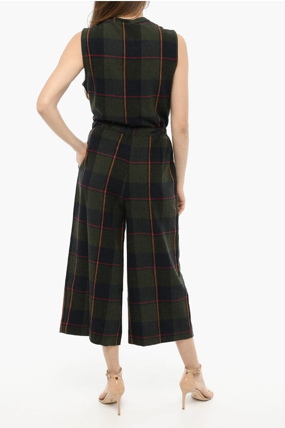 Geruite jumpsuit van wolmix GAUZE met trekkoord in de taille in groen