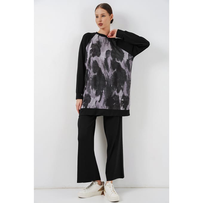 Oversized Abstract Print Crew Neck Tuniek & Broek Set