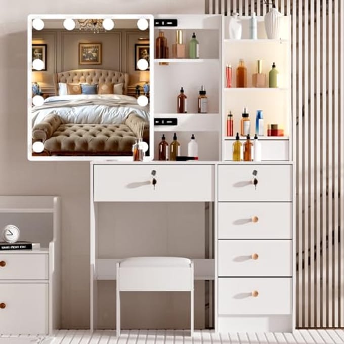 Make-uptafel Met Verlichting en Instelbare Helderheid, 6 Laden en Planken, Wit