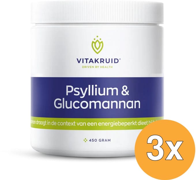 3x Vitakruid Psyllium 5000 mg & Glucomannan 1000 mg Vezels (450 gr)