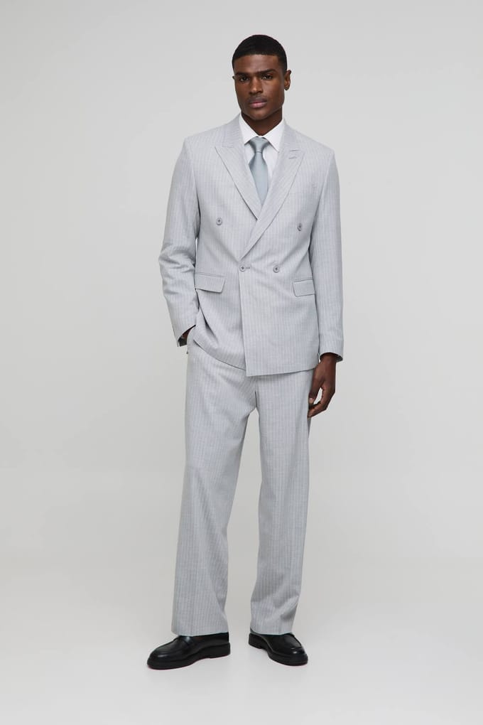 Oversized Pinstripe Double Breasted Suit Jacket | Grey | Size 46