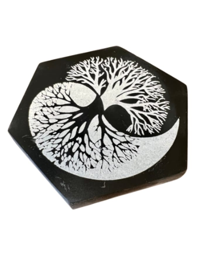 Seleniet oplaadsteen zeskant levensboom 9 cm zwart