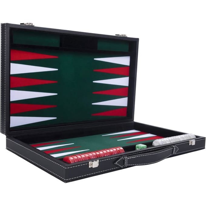 Backgammon 18 inch - Groen, Rood & Wit Ingelegd Bord - Kunstlederen Koffer met Handvat - Engelhart