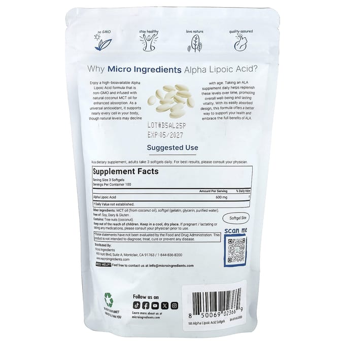 Micro Ingredients, Alfa-liponzuur, 300 Zachte Capsules (200mg per softgel)