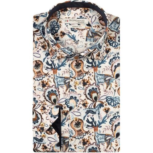 Giordano Overhemd Maggiore Fantasy Paisley Deer Bells Pattern Donkerbruin-Multi / male
