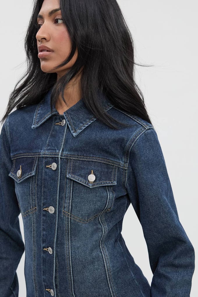 boohoo Dames Denimjack met getailleerde taille en stikseldetail | Dark Blue | Maat: 14
