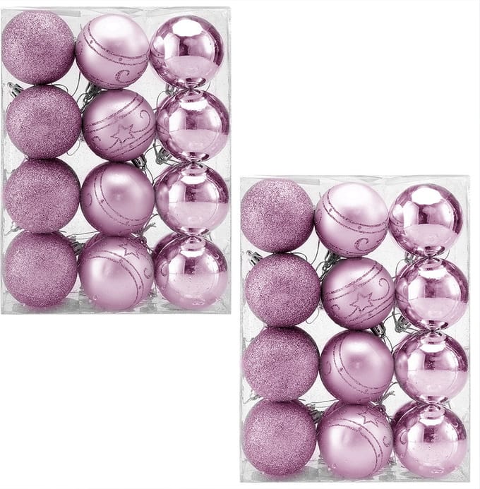 Kerstboomballen 48st Ø6cm - Mat Glanzend Glinsterend - Kunststof Roze
