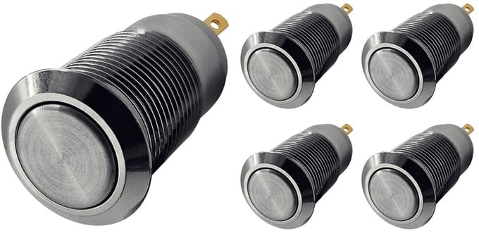 ProRide Mini Drukschakelaar ON-OFF - 12mm Metaal - 12V/24V - Platte Knop - Zilver - 5 stuks