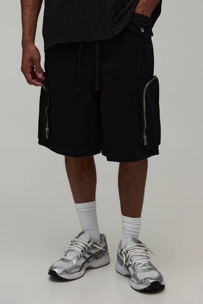 Denim Jorts Met Elastische Taille, Parachutedetails En Verlengd Trekkoord | Washed Black | Size 32