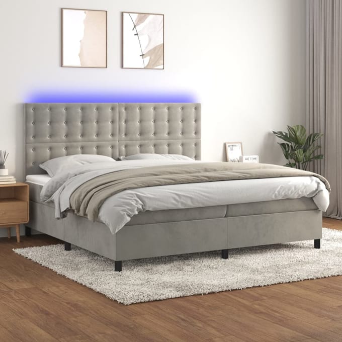 vidaXL - Boxspring - met - matras - en - LED - fluweel - lichtgrijs - 200x200 - cm