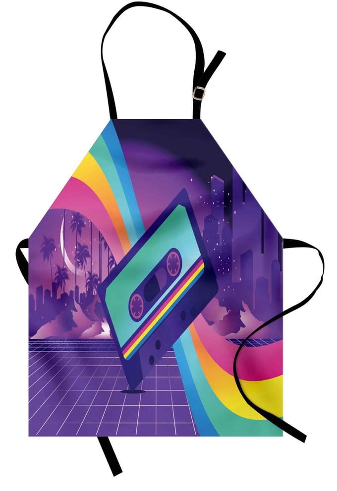 ABAKUHAUS Synthwave kookschort, cassette op de stad, machinewasbaar, geen vervaging, indigo en multicolor