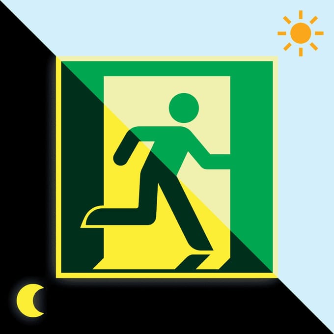 Extra lichtgevende nooduitgang rechts sticker - E002 200 x 200 mm