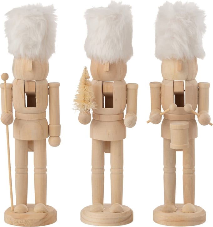 J-Line figuur Notenkrakers - hout/bont - naturel/wit - doos van 3