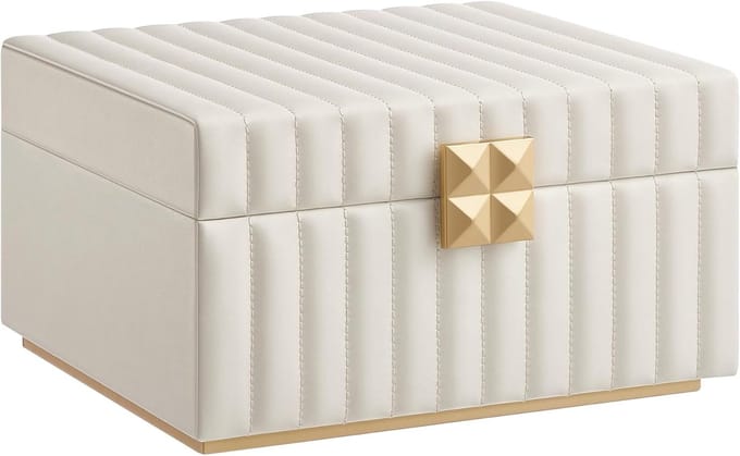Hoppa! Sieradendoosje - Wolkenwit - Pu (Polyurethaan) Leer, MDF, Fluweel, Metaal, Glas - 5 x 24 x 13 cm (B x D x H)